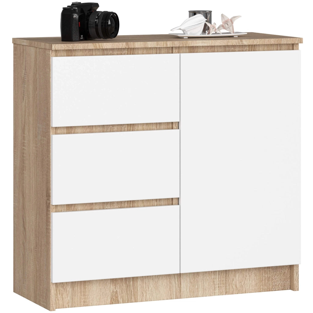 Cassettiera AKORD JERRY Cassettiera Sonoma Quercia 80 cm 1 anta 3 cassetti inserto frontale Bianco 80x35x77 cm