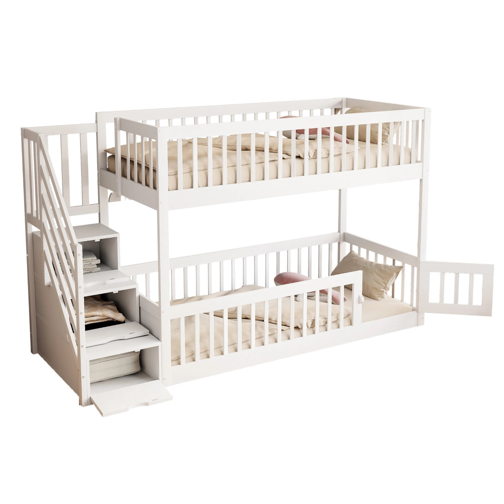 Letto a castello per bambini 90x200 in legno bianco con scala e cassetti