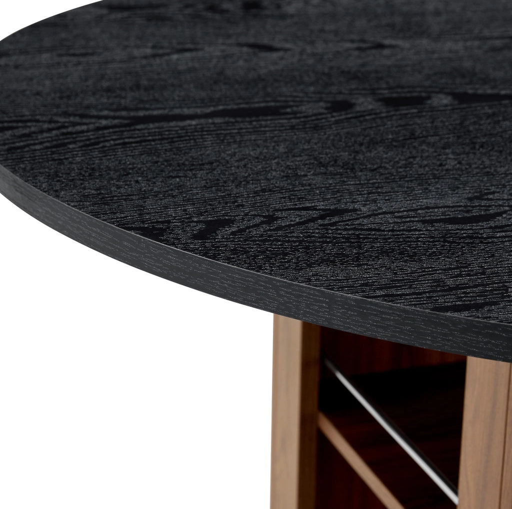 Tavolo da pranzo rotondo con vani portaoggetti; ?100 x 76 cm; MDF nero ed effetto noce