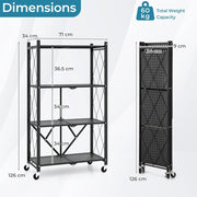 Scaffale Metallo Nero Portaoggetti Pieghevole a 4 Livelli su Ruote, Scaffale in Metallo Robusto, Libreria Scaffale per Esposizione, Cucina, Soggiorno, Garage, Seminterrato, 71x34x126 cm