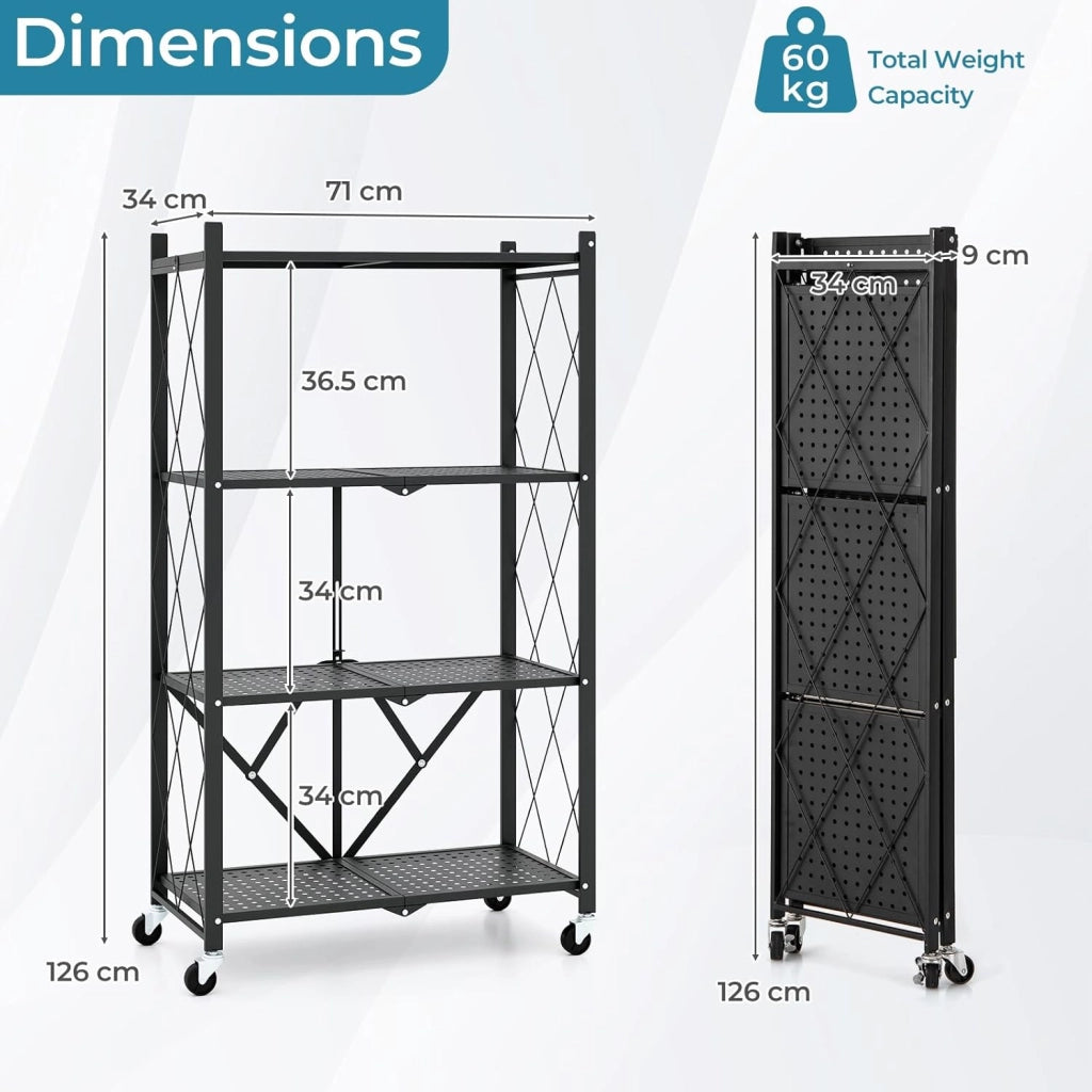 Scaffale Metallo Nero Portaoggetti Pieghevole a 4 Livelli su Ruote, Scaffale in Metallo Robusto, Libreria Scaffale per Esposizione, Cucina, Soggiorno, Garage, Seminterrato, 71x34x126 cm
