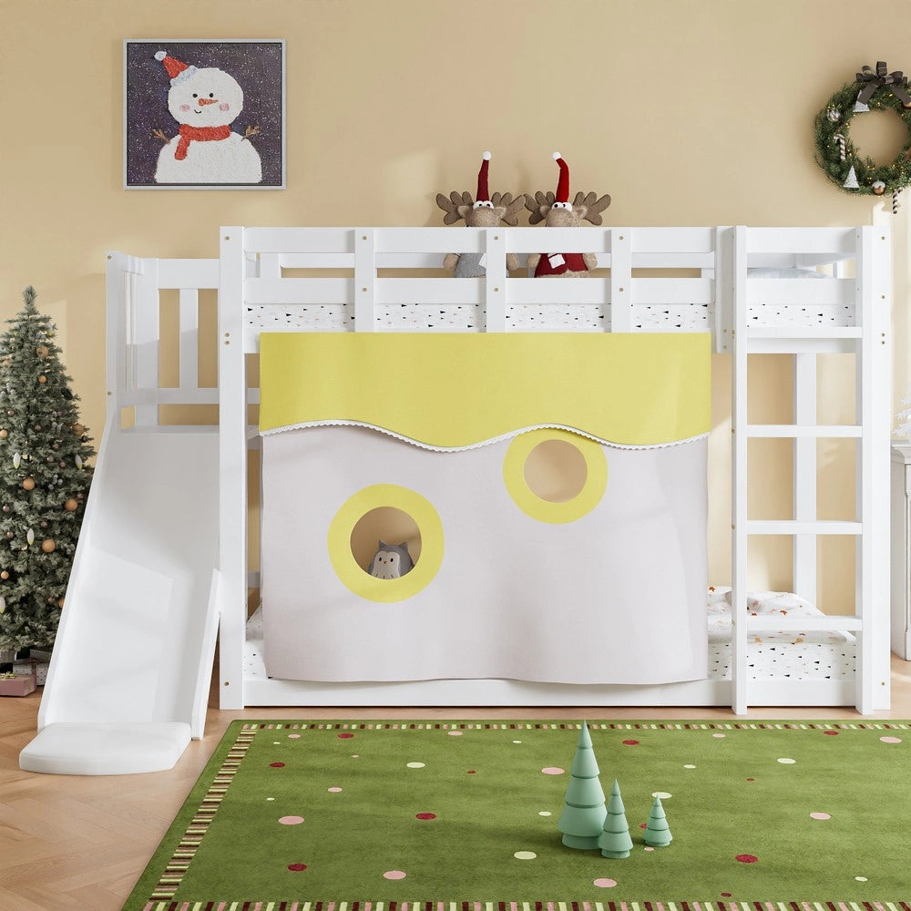 Letto a Castello in Legno con Scivolo e Baldacchino ¨C MINIMAL ¨C Bianco, Pino MDF, 90x200