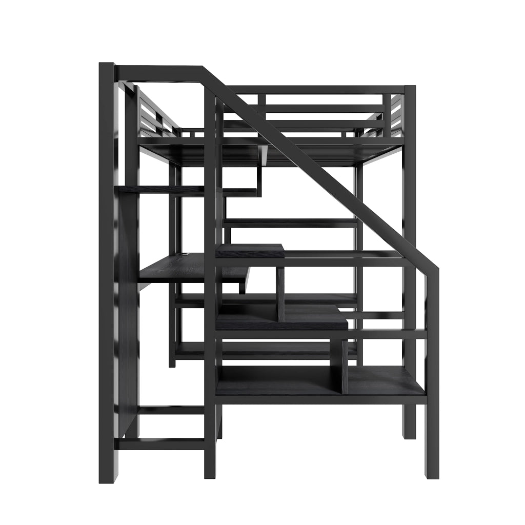 LETTO a soppalco 140x200 cm in metallo e MDF nero con scrivania, armadio e scala