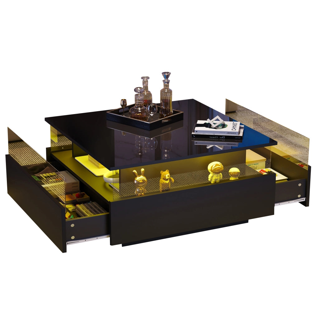 Tavolino da caff¨¨ moderno nero lucido con illuminazione LED, 2 cassetti e area espositiva trasparente, 70¡Á70¡Á41 cm, portata 30 kg