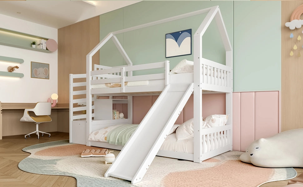 DESMIU Lit a castello casetta 90 × 200 cm 2 posti con scivolo e contenitore, senza materasso, bianco