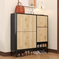 Scarpiera con sgabello per cambio scarpe, 3 ante con ripiani, 100x25x100 cm, Nero e Legno naturale