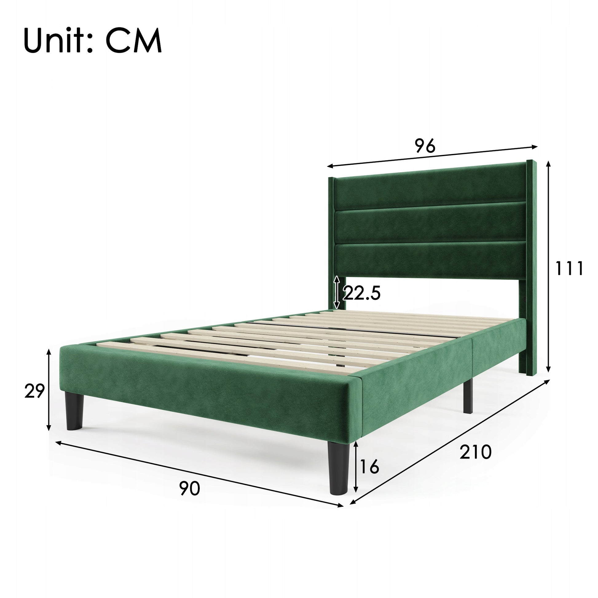 Letto singolo moderno - Xylo - 90x200 - Verde scuro - Velluto