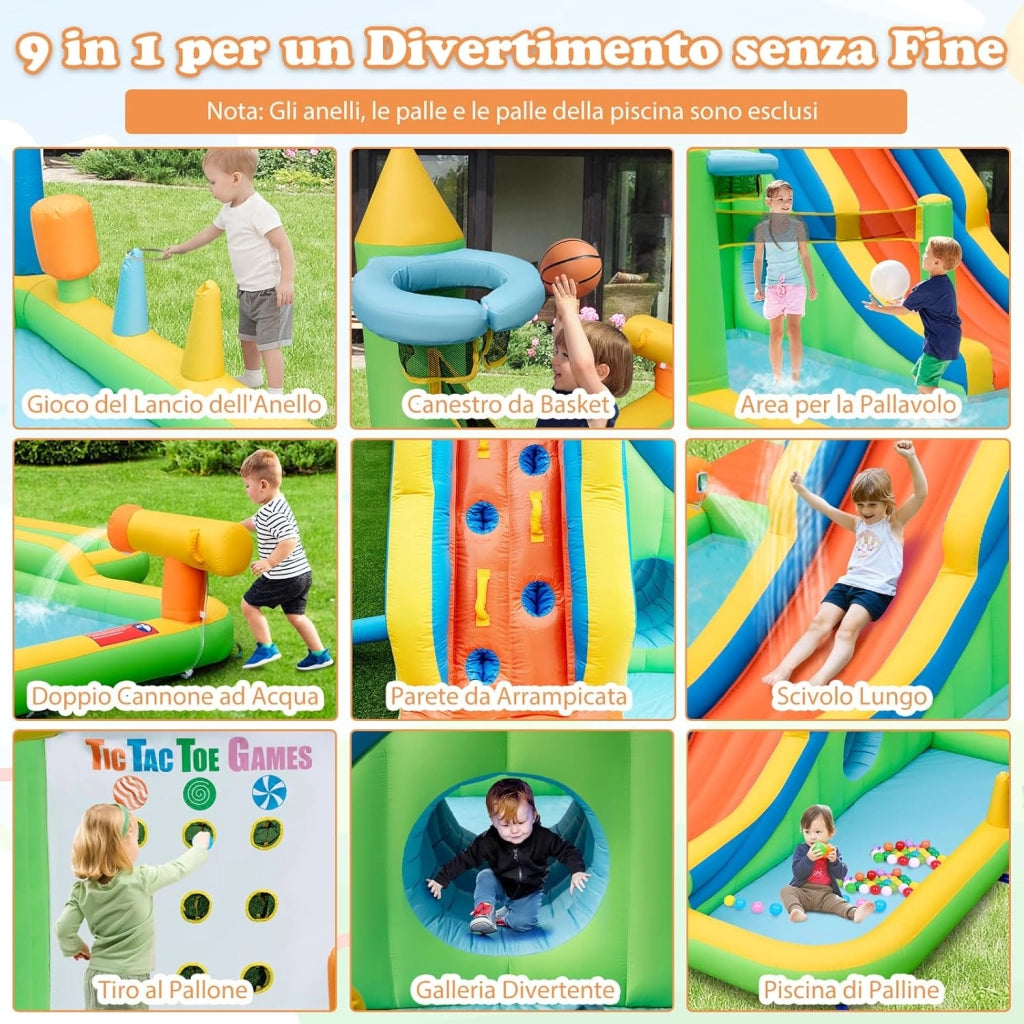 Castello Gonfiabile per Bambini, Casa Gonfiabile con Piscina, Parete da Arrampicata, Cannoni d'Acqua, per 3 Bambini di 3-10 Anni, 378 x 469 x 250 cm