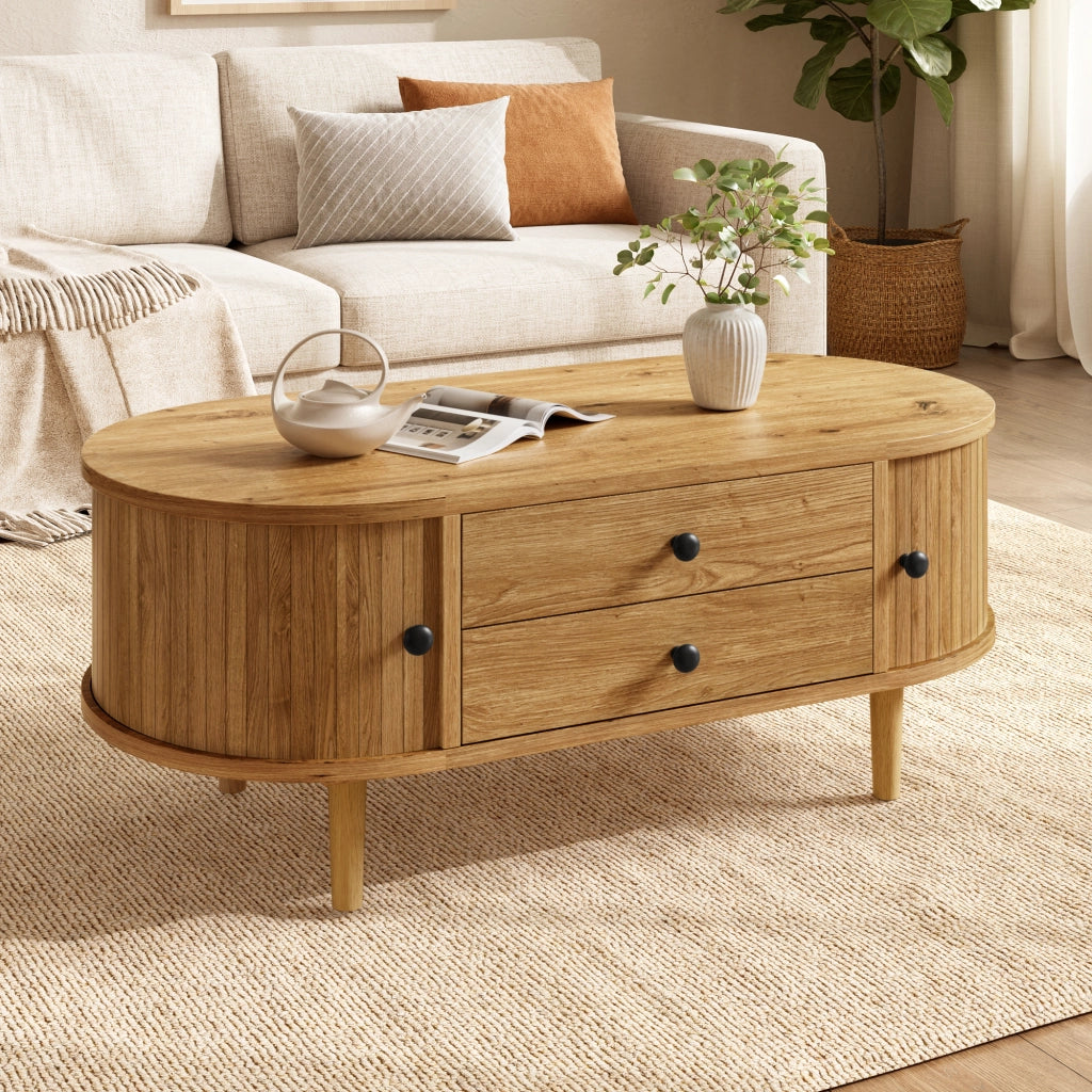 Tavolino da Salotto Ovale con 2 Cassetti e Ante Scorrevoli in MDF ¨C MINIMAL
