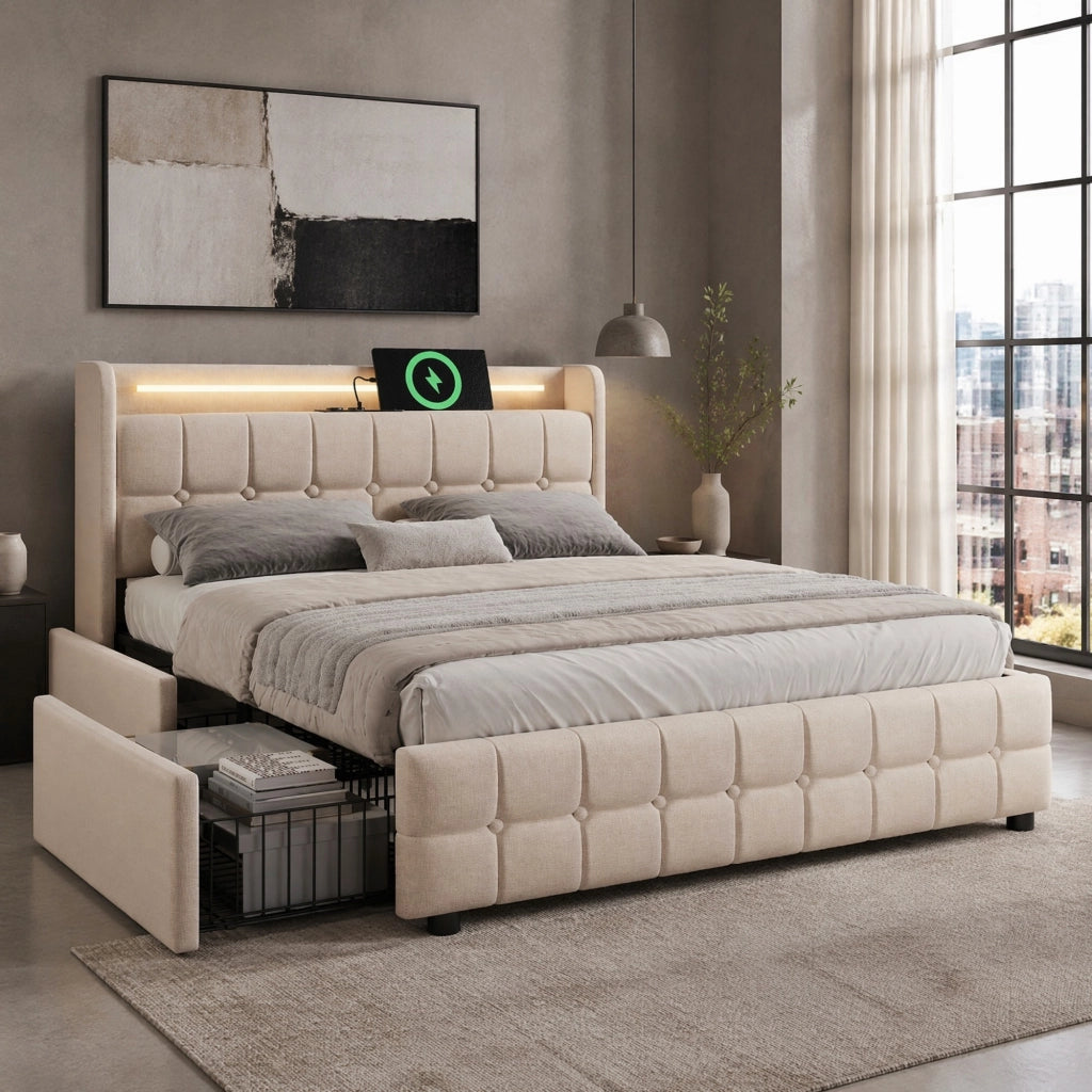 Letto matrimoniale imbottito 180x200 cm con USB; LED e 4 cassetti; beige