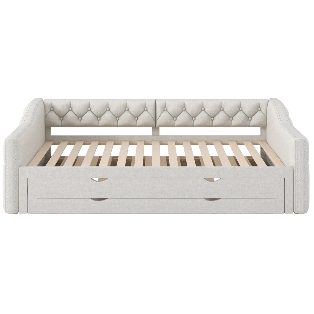 Letto da giorno imbottito 90x200 cm con LED; letto estraibile e tre cassetti; beige