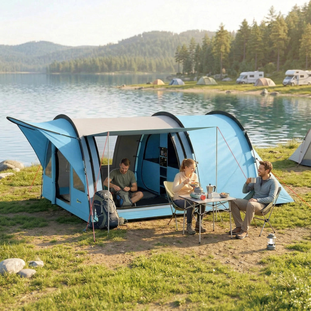 Tenda Tunnel 4 Persone con Cabina ¨C zephmum ¨C Grigio Verde Marrone 300x300x200 cm