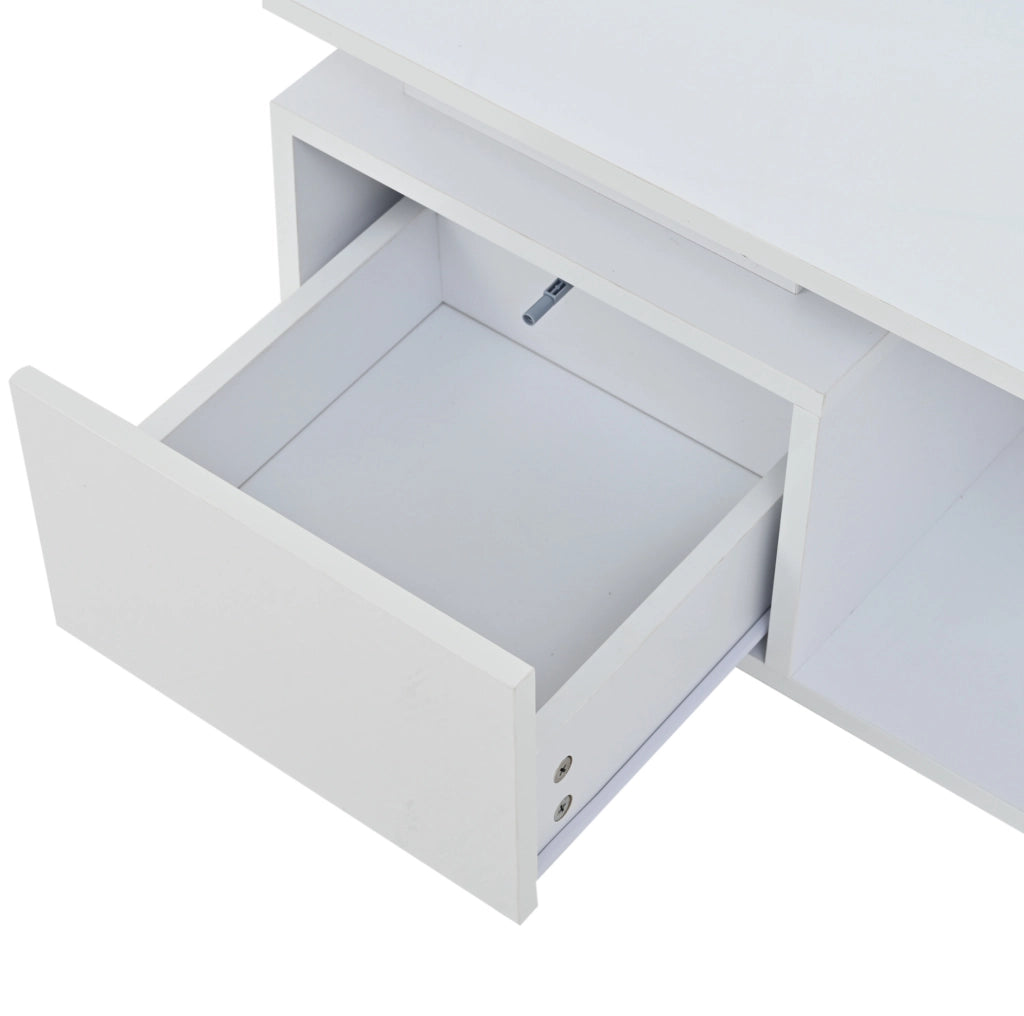 Tavolino da caffè 100x50x36 cm con cassetto; LED e finitura lucida; bianco