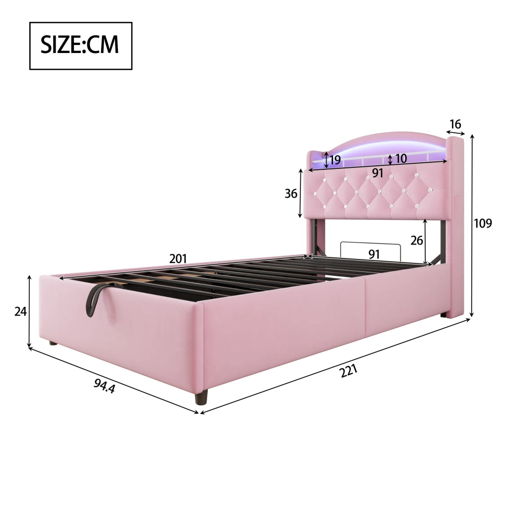 Letto imbottito 90x200 cm; contenitore con LED e USB; tessuto; rosa