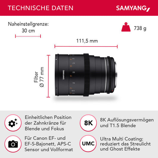 Obiettivo grandangolare per video MF 35mm T1,5 VDSLR MK2 – luminoso T1,5 per Canon EF Mount, Follow Focus, full-frame e APS-C, risoluzione 8K