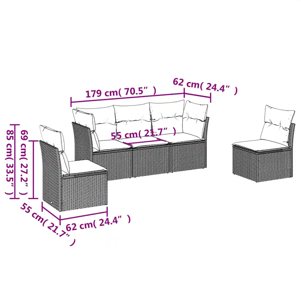 Set Divano da Giardino 5pz con Cuscini Grigio Chiaro Polyrattan
