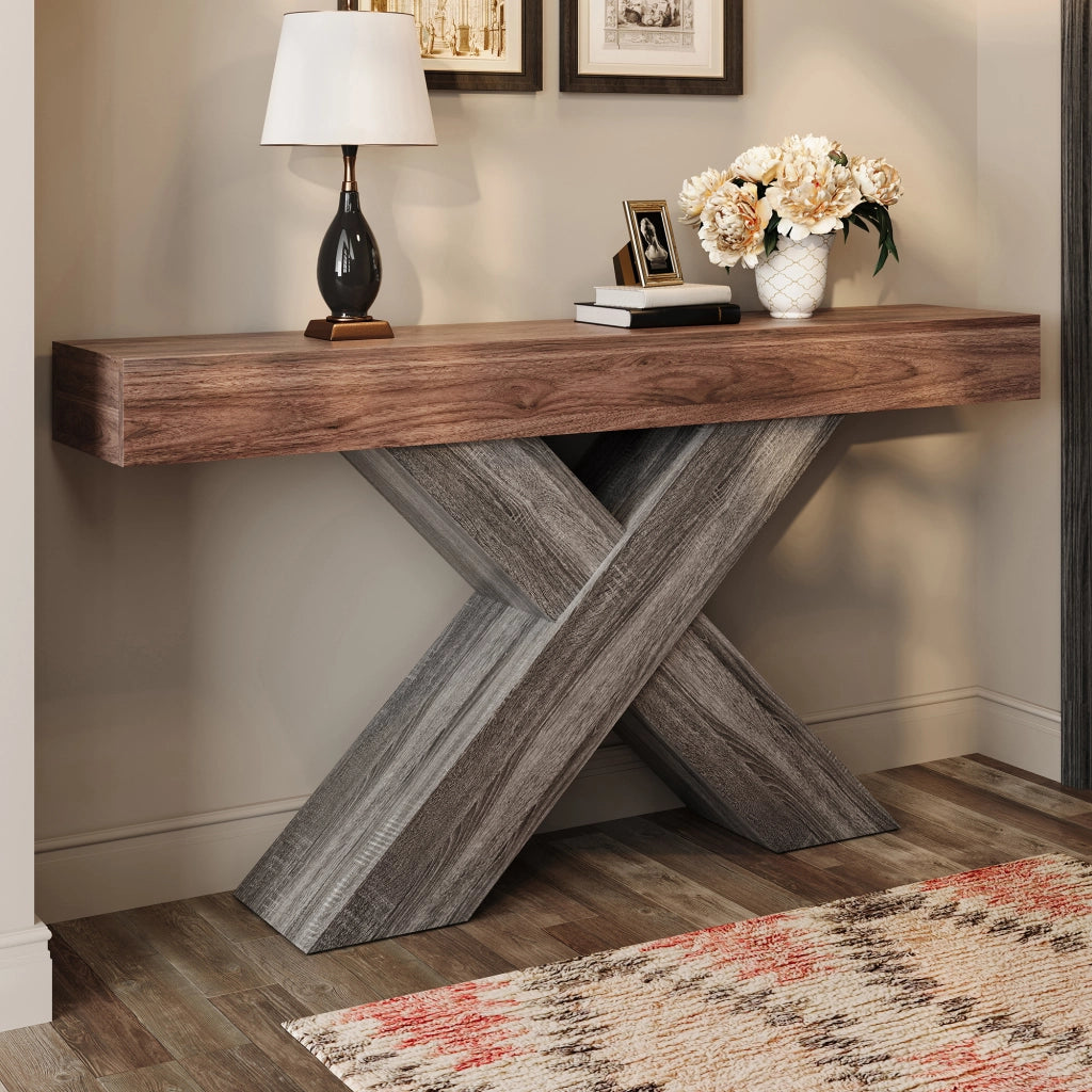 Consolle con supporto a X - per ingresso - in truciolare - 140x30x80 cm - noce