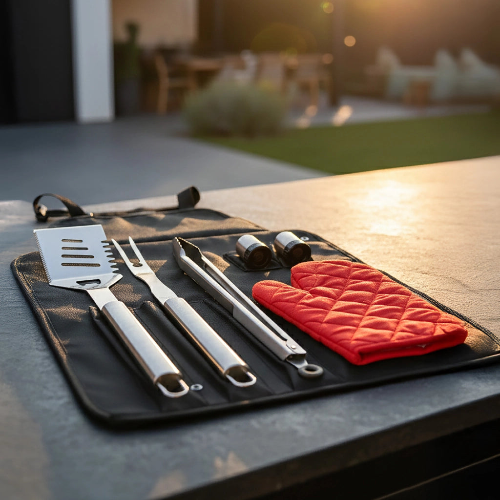 Set BBQ Professionale con Termometro Carne – Accessori Barbecue in Acciaio Inox 430 Alimentare con Pinza, Spatola, Forchettone, Coltello, Grembiule Kit 7 o 17 Pezzi Kit 7 Pezzi