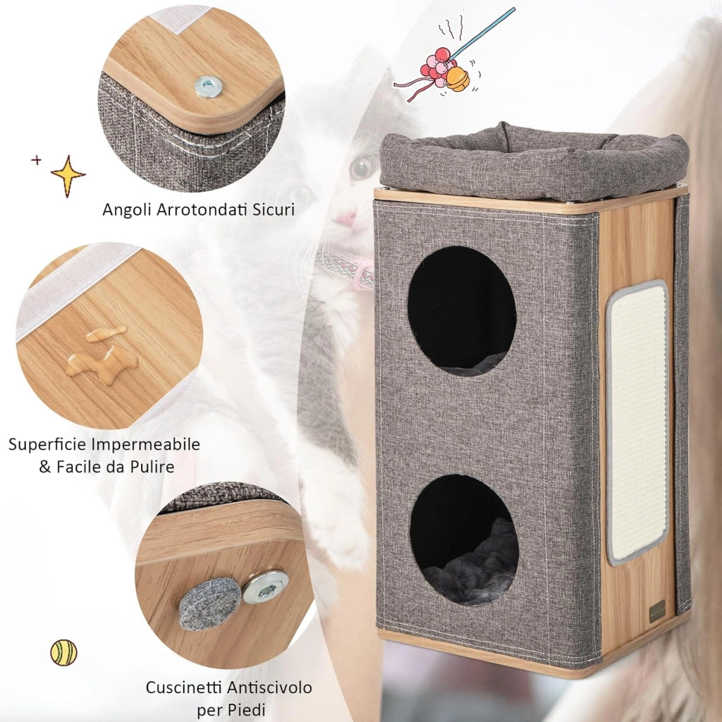 Casetta per Gatti a 3 Piani, Cuccia per Gatti con Tiragraffi, 2 Scomparti Coperti e 3 Materassini, Casa per Gatti Moderna con Graffiatoio da Interno (Grigio)