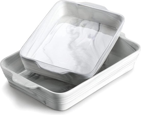 Set a doppio con ciotola per torta e teglia per pane in ceramica marmorea con maniglia e 2 mattonelle, 2200/3200 ml