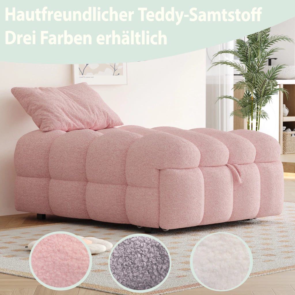 Divano Letto 1 Posto Convertibile 2 in 1 con Poggiapiedi; Rivestimento Teddy; Struttura Metallo Legno; Rosa