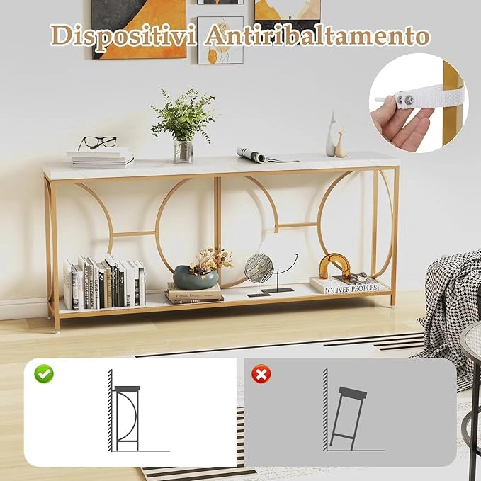 Tavolo Consolle, Tavolo d’Ingresso a 2 Livelli con Superficie in Marmo Finto e Struttura in Metallo Resistente, Tavolo Lungo e Stretto per Corridoio, Ingresso e Salotto
