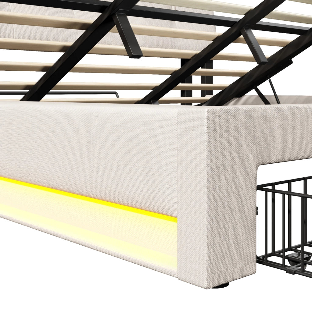 Letto imbottito con contenitore, USB e LED, 180x200 cm, beige