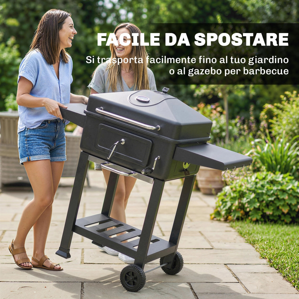 Barbecue a Carbone 112x63x101,5 cm Affumicatore Portatile con Ventilazione Termometro e Mensole Laterali in Acciaio Nero