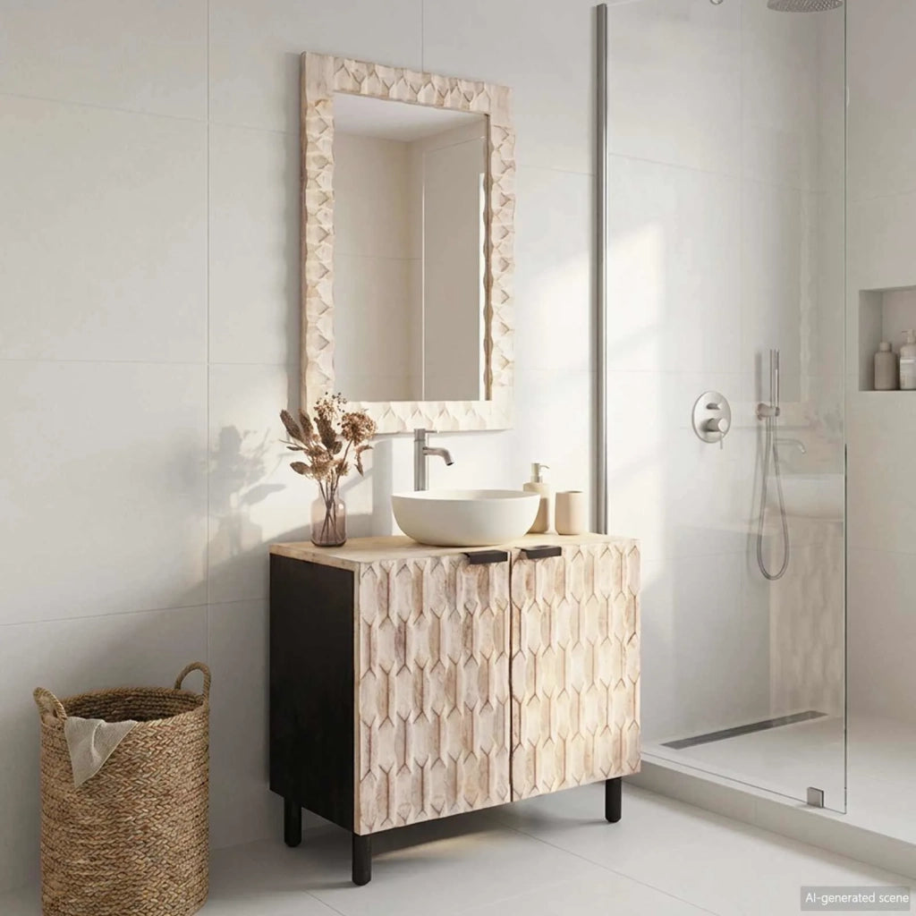 Set da Bagno Finitura Bianco Lavato Legno di mango massello