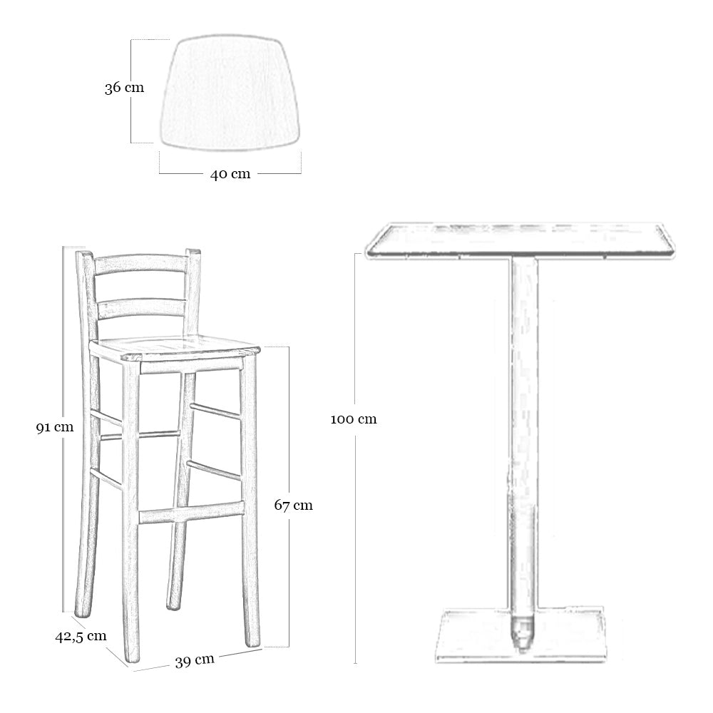 Sgabello in legno di faggio noce scuro H 67cm con schienale e seduta in massello
