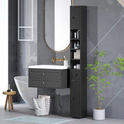 Mobile bagno nero 180x20x20 cm con ripiani aperti, 2 armadietti e cassetto