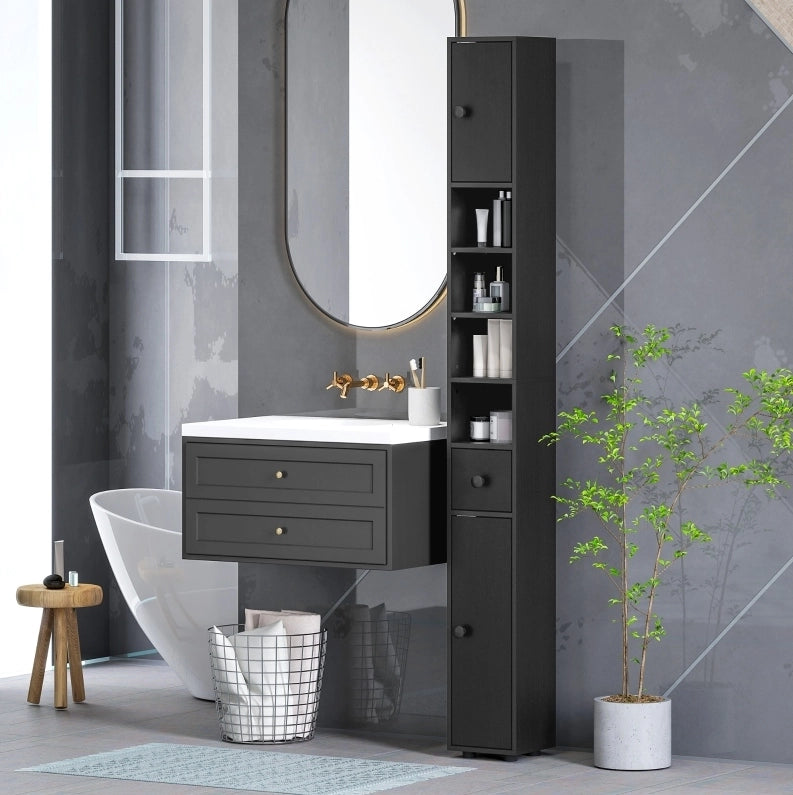 Mobile bagno nero 180x20x20 cm con ripiani aperti, 2 armadietti e cassetto