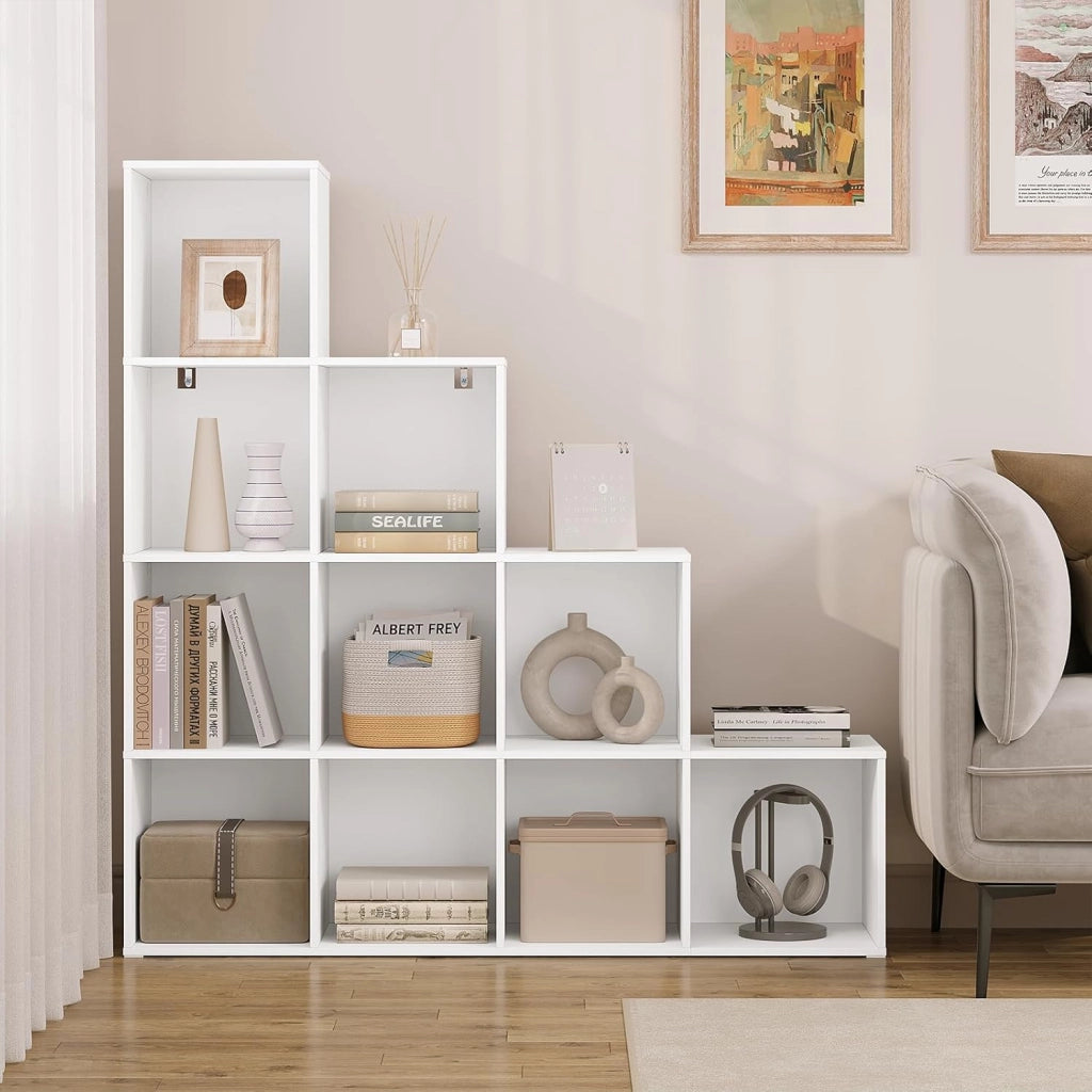Scaffale per Libri, Scaffale per Scale Con 10 Cubi, Libreria in Legno Ingegnerizzato Bianco, per Camera da Letto, Soggiorno, Studio, Ufficio, 120x30x120cm, SK062ws