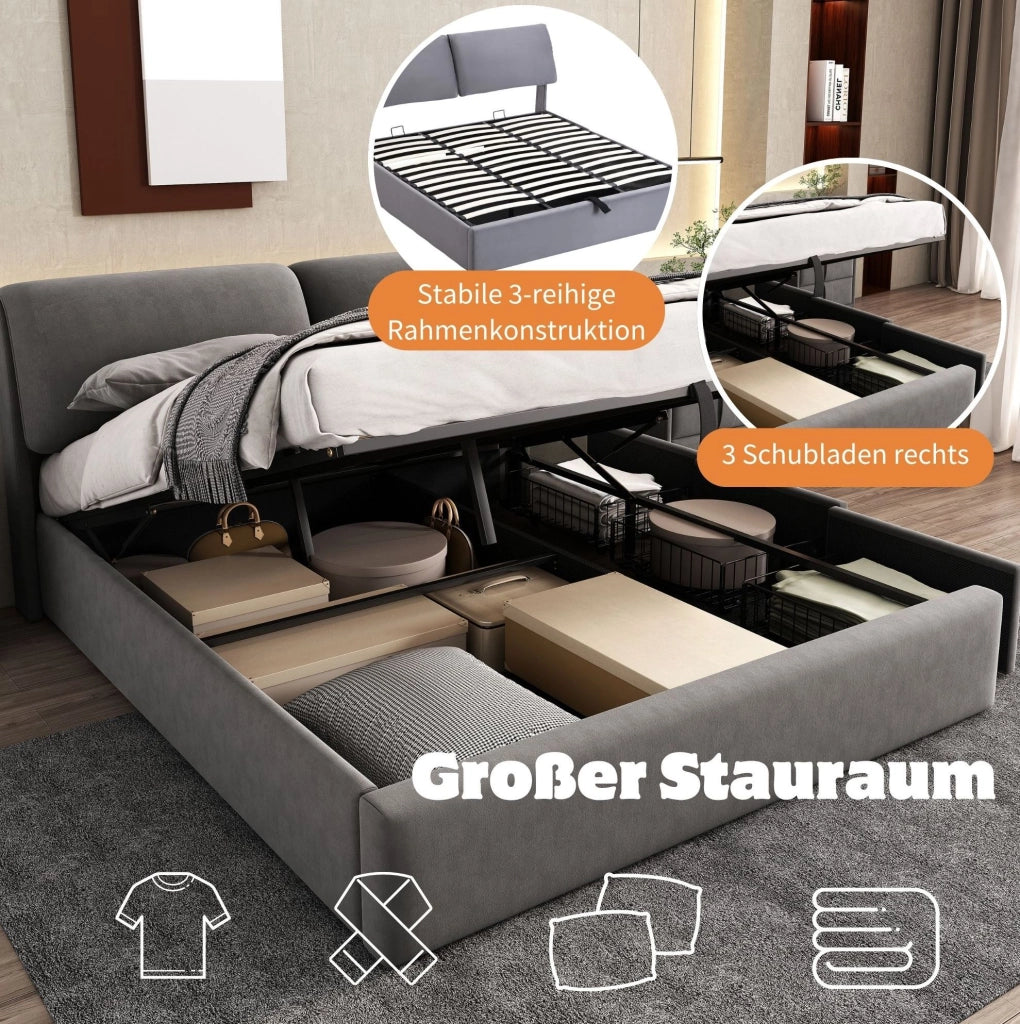 Letto imbottito in velluto grigio 180 x 200 cm con contenitore e 3 cassetti