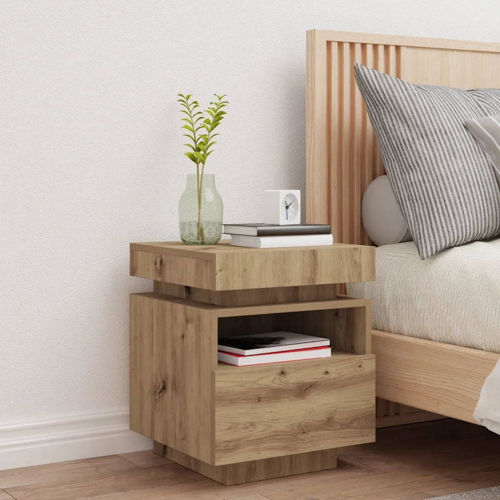 Comodino con Luci LED-Tavolino da notte Rovere Artigianale 40x39x48,5 cm