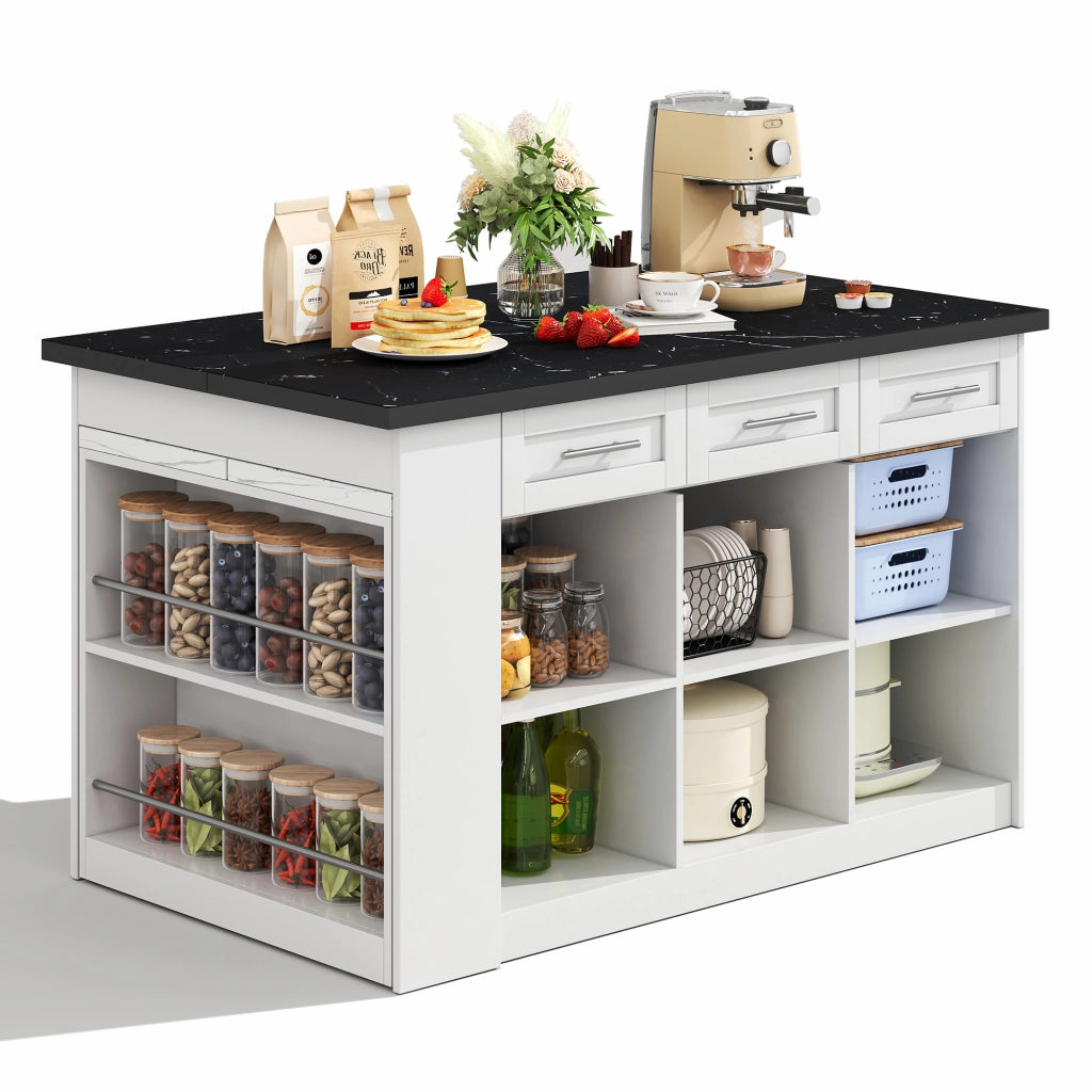 Isola da Cucina 150/246x90x90 cm con Tavolo Estraibile 96 cm; Piano Effetto Marmo; 6 Cassetti e Ripiani