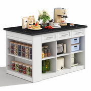 Isola da Cucina 150/246x90x90 cm con Tavolo Estraibile 96 cm; Piano Effetto Marmo; 6 Cassetti e Ripiani