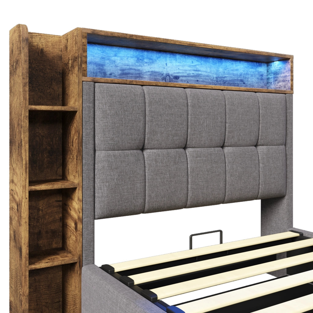 Letto imbottito singolo 90×200 cm con contenitore; USB Type-C; LED; senza materasso; lino; grigio