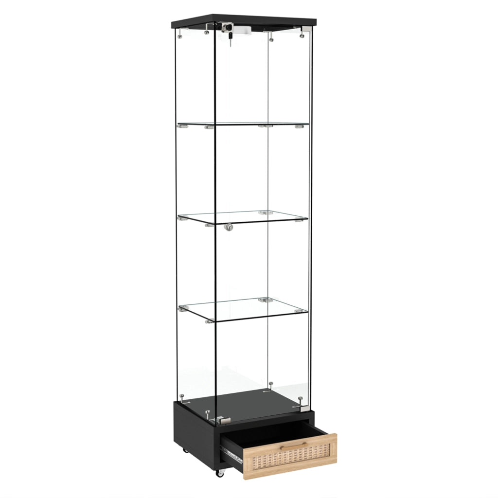Libreria Vetrina con Cassetti e LED ¨C MINIMAL ¨C Nero, Vetro Temperato, 1 Anta, 167x42.5x36.5 cm
