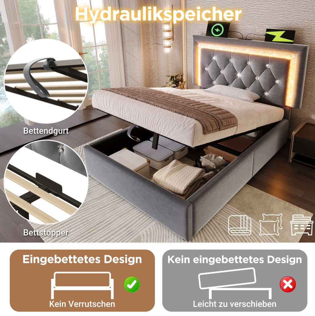 Letto imbottito con LED, ricarica USB e contenitore