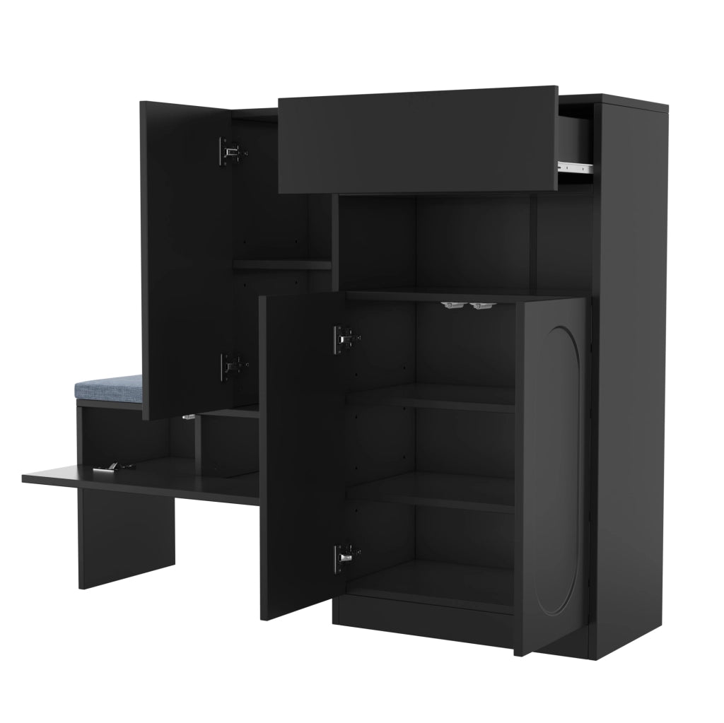 Mobile portascarpe 2 in 1 con panca; ante con chiusura ammortizzata; 130x35x110 cm; nero
