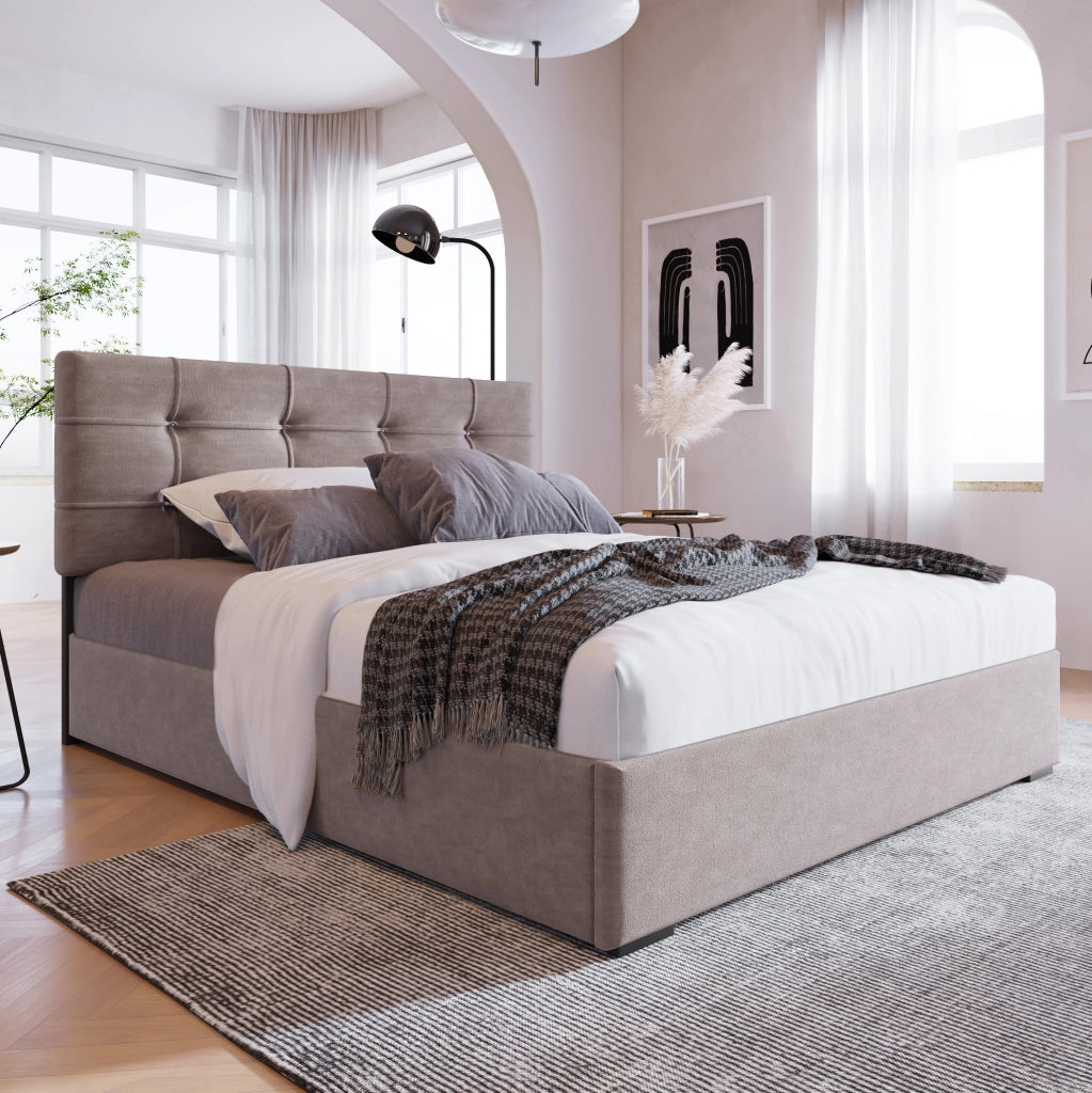 Letto imbottito singolo 90x200 cm con testiera regolabile; contenitore; velluto grigio chiaro