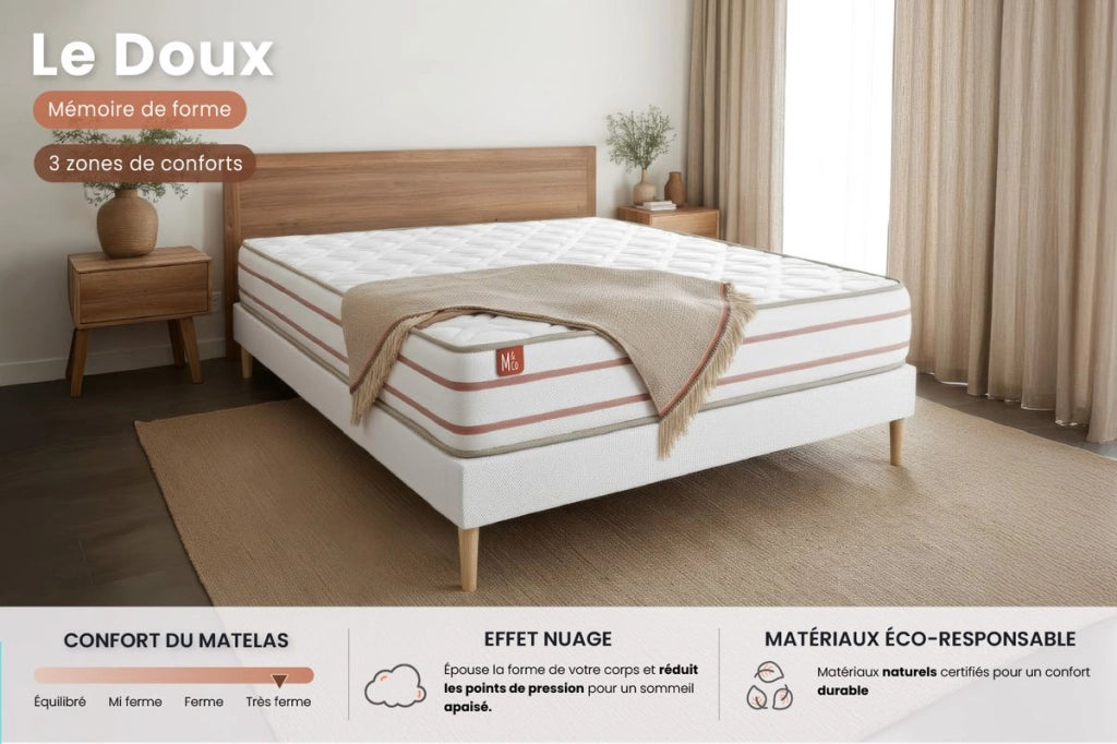 Pacchetto letto completo - Materasso 160x200cm + Box spring con doghe (kit) + 2 cuscini + Piumino - Le Doux