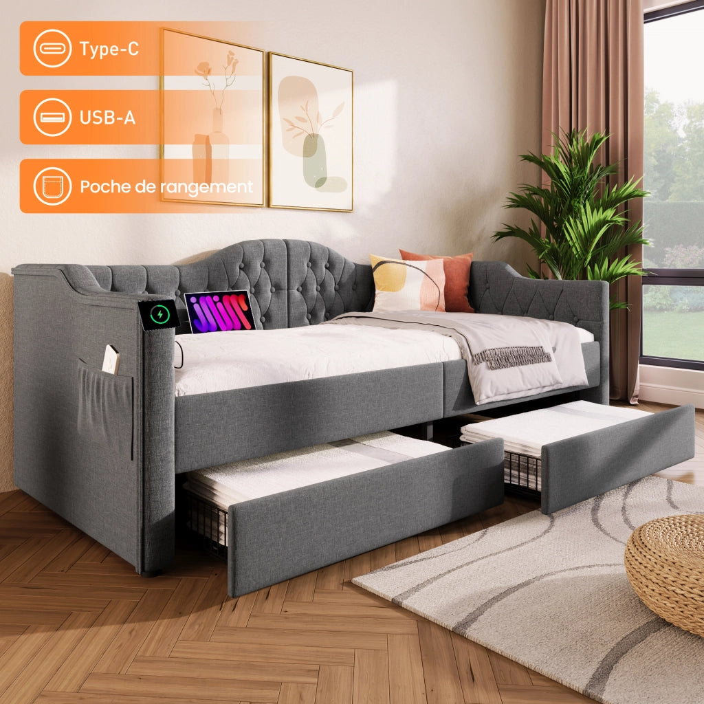 Letto Divano 90 x 190 cm; Letto Singolo con 2 Cassetti; USB e Tipo C; senza Materasso; Lino Grigio