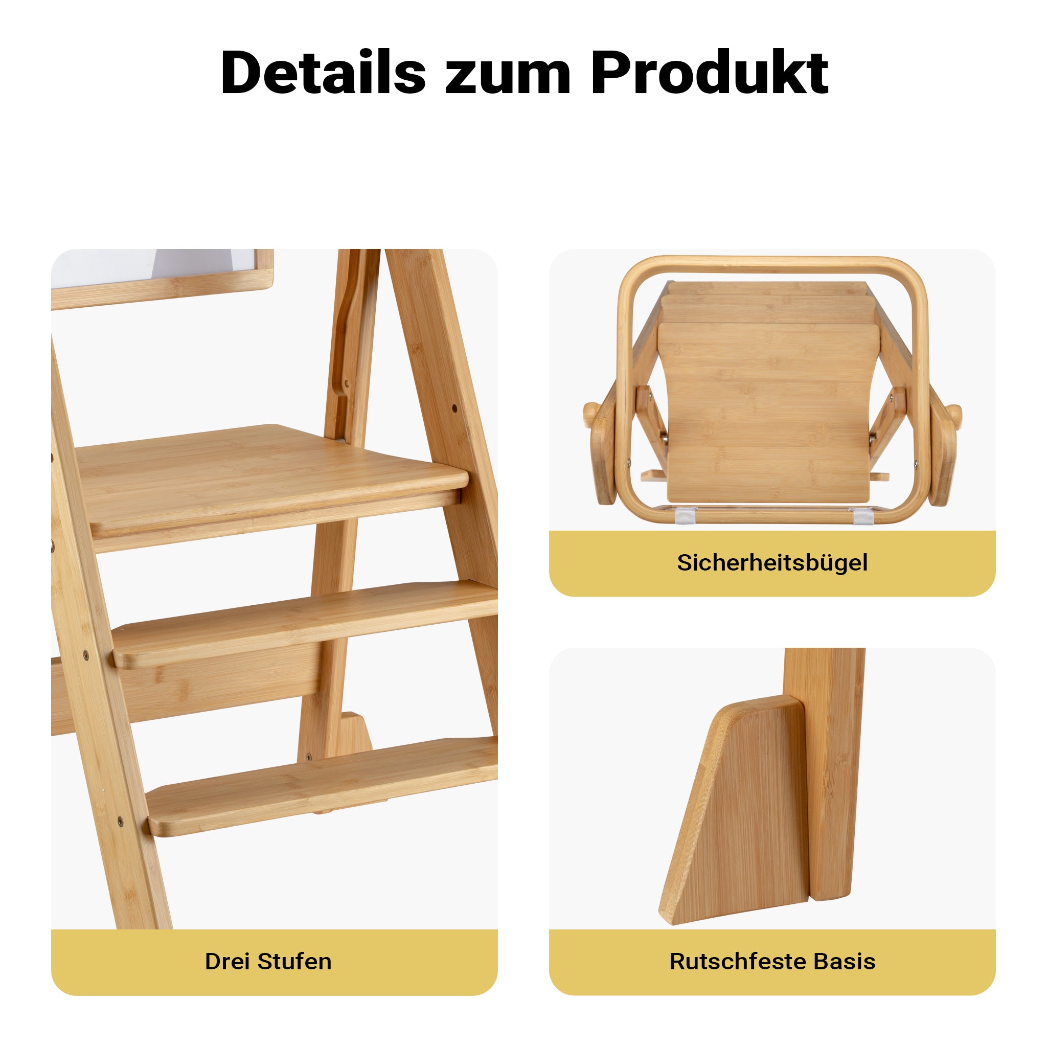 Torre di apprendimento pieghevole per bambini 43 x 48 x 91 cm in bambù, torre montessoriana regolabile in altezza per bambini, sgabello per bambini con barra di protezione