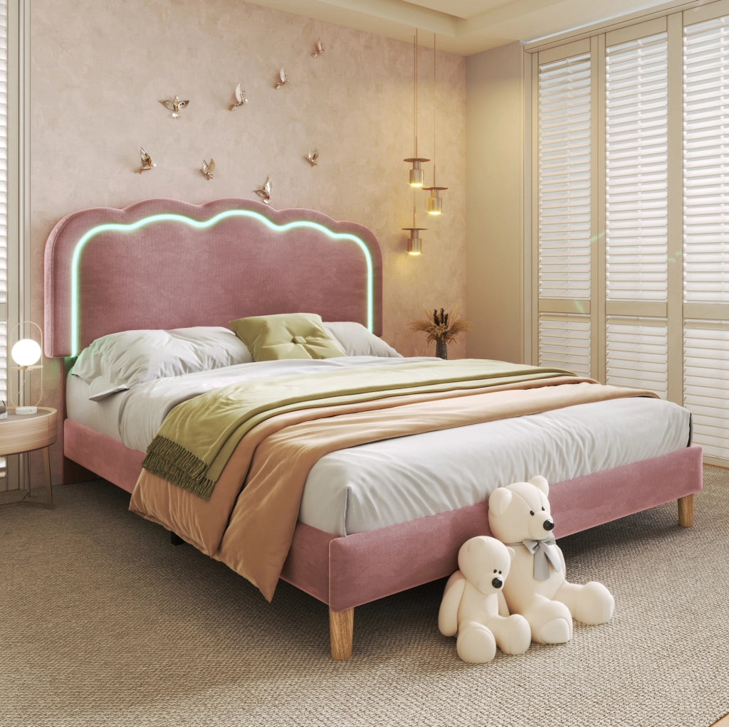Letto imbottito 140x200 cm in velluto rosa con testiera LED regolabile