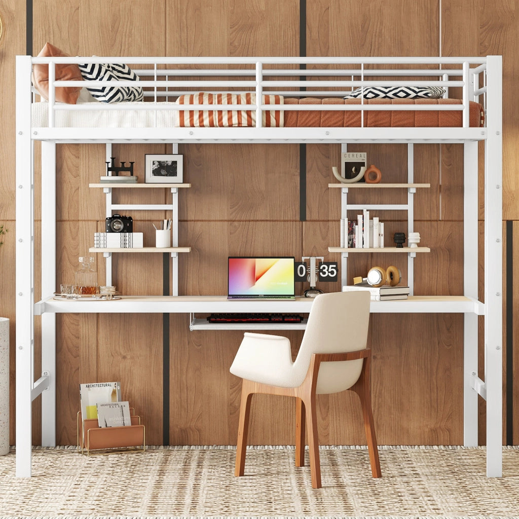 Letto a soppalco 90 × 200 cm con scrivania, 2 librerie e scala, senza materasso, in metallo bianco