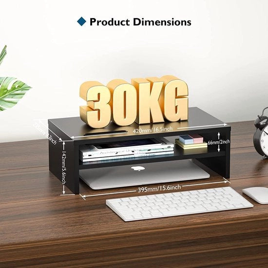 Stand per monitor in legno, monitor per scrivania con supporto per smartphone, stand per laptop ergonomico con gestione cavi per computer, notebook, iMac, PC, 2 livelli nero