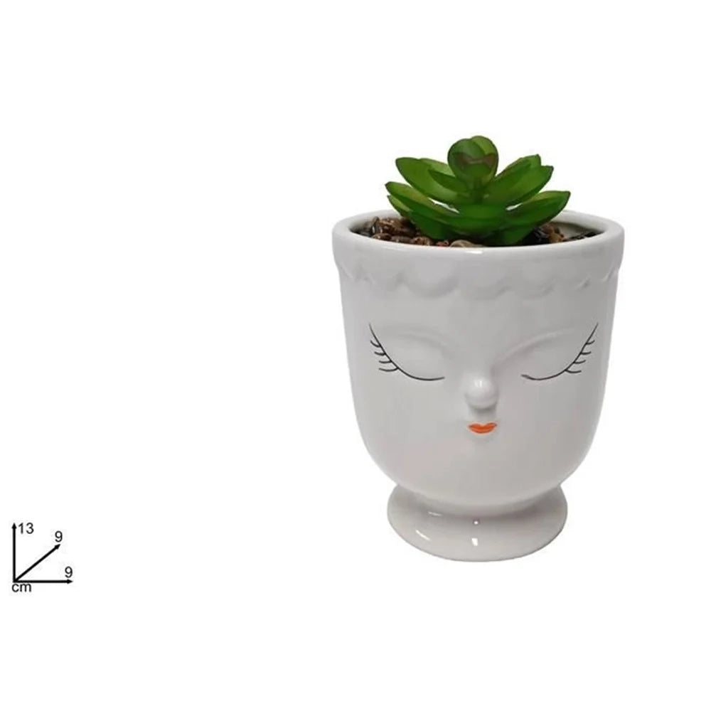 Trade Shop - Piantina Decorativa Grassa Artificiale Vaso Bianco Con Lineamenti Viso 9x9x13cm 607701 -