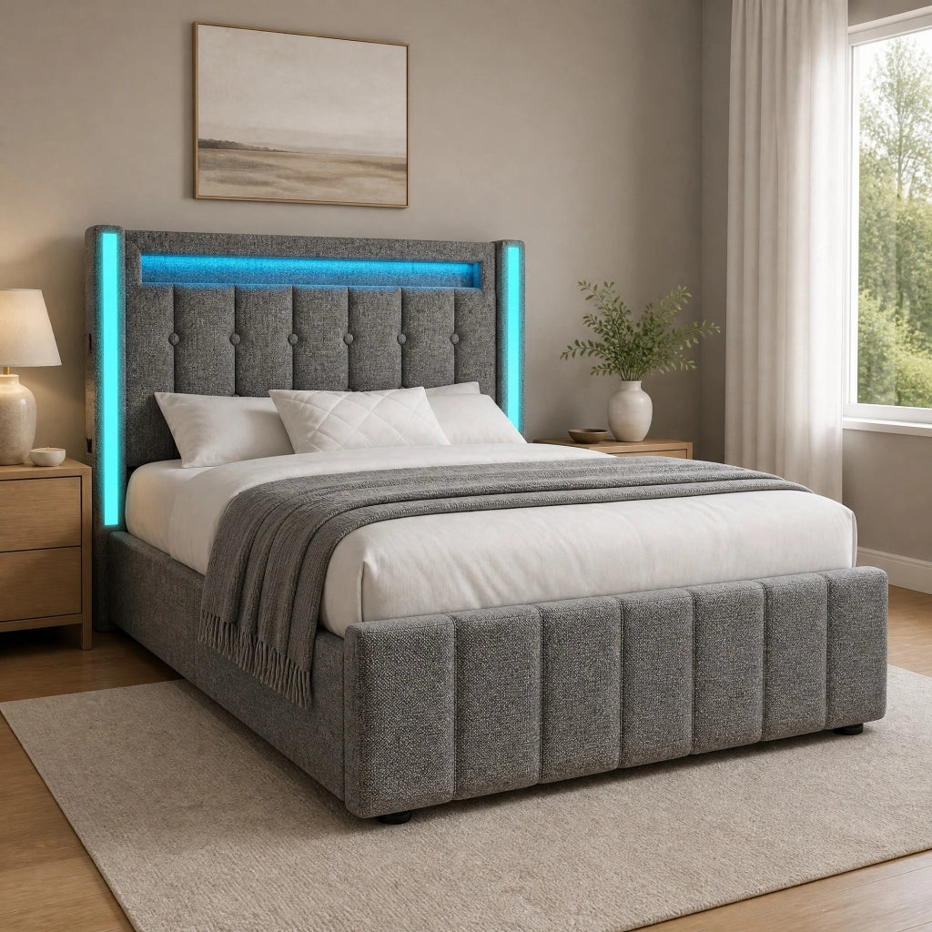 Letto singolo imbottito 90x200 cm con materasso, LED e USB-C